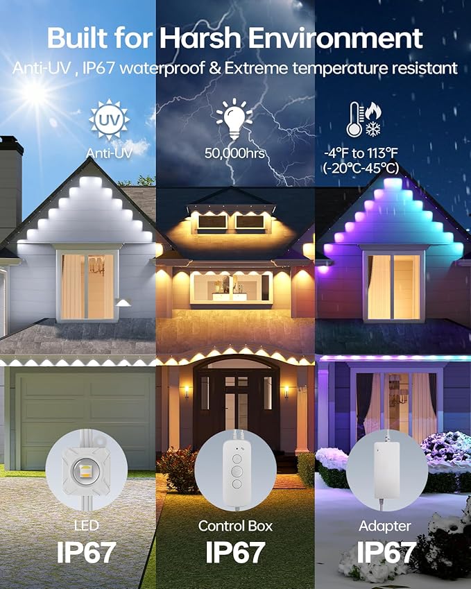 ASAHOM Permanent Outdoor Lights Pro S108E 300FT with 216 RGBCW LEDs WLED Integration AI Lighting 30000 Lighting Effect Combinations IP67 Waterproof for Halloween Christmas Daily Decor White