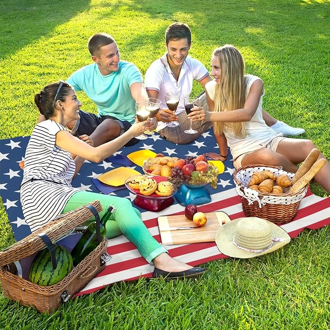 American Flag Beach Blanket Sandproof Beach Mat 68 x 59 Waterproof Quick Drying Sand Free Mat with 4 x Ground Spikes for Outdoor Travel Camping Hiking America 4th of July