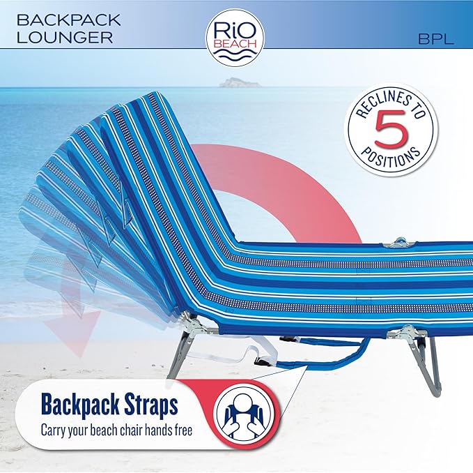 Rio Beach Portable Lay Flat Folding Backpack Beach Lounge Chair with Backpack Straps and Storage Pouch Blue and Red