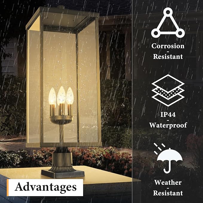 Outdoor Post Light Fixture Modern Exterior Square Pillar Lantern with Black Finish &amp Clear Glass Transitional Pier Mount Lamp Pole Light for Garden Backyard Patio Pathway RZ008XL-P