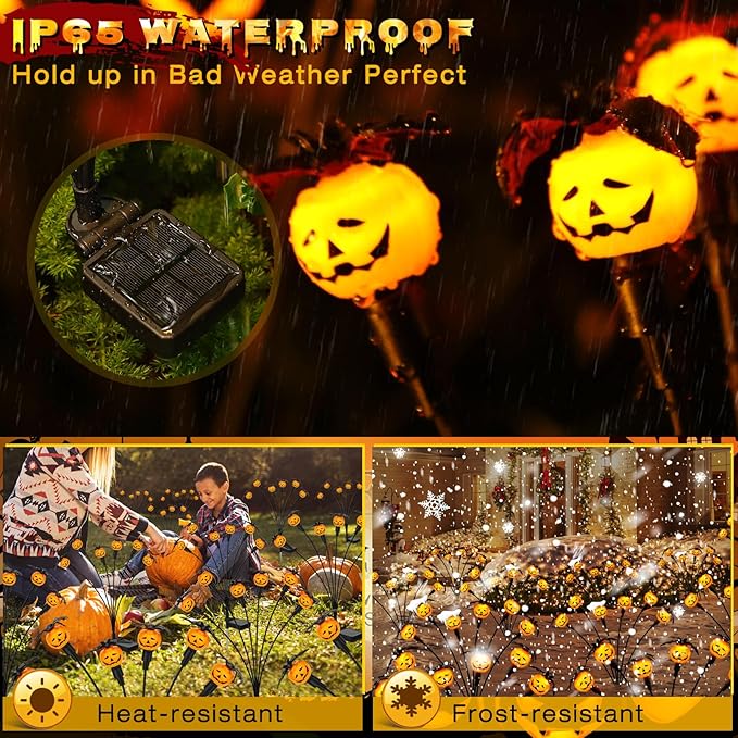 Halloween Decorations Outdoor 4 Pack Solar Lights 24 LED Scary Pumpkin Swaying Firefly Lights with Spider &amp Bats for Outside Garden Yard Lawn Grave Cemetery Ghost Decor Party Orange