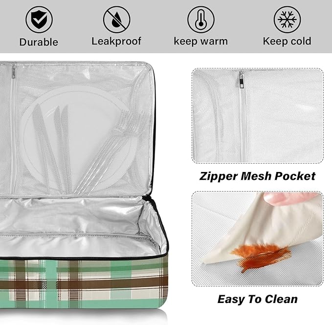Casserole Carrier Green and Brown Tartan Pattern Insulated Casserole Carrier for Hot or Cold Food Thermal Lunch Tote for Parties Picnic Travel Carry Bag