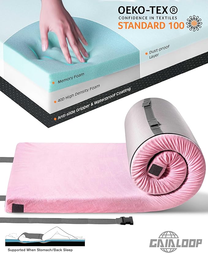 3 Inch Memory Foam Camping Mattress Dual Layer Thick Sleeping Camp Pad for Car Tent Cot Roll-Up Portable Glamping Floor Bed for Guests Sleepover