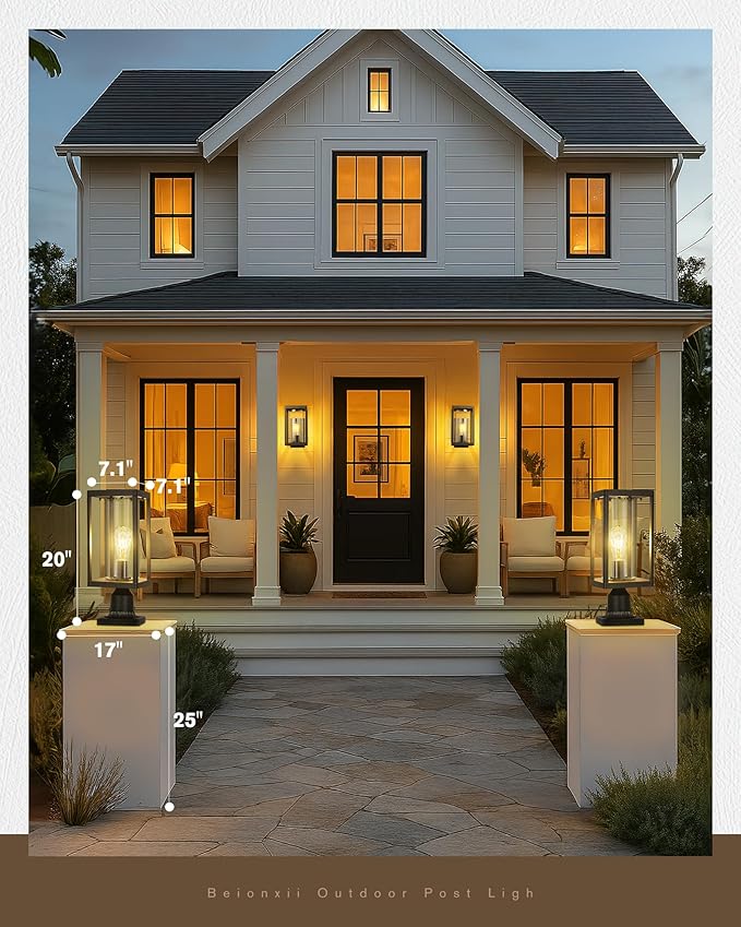 Beionxii Outdoor Post Lantern 20inch Large Modern Lamp Post Light Fixture Exterior Pillar Lights with Pier Mount Base Black Cast Aluminum w/Clear Cylinder Glass - A291P-2PK (NOT Solar 110-120V AC)