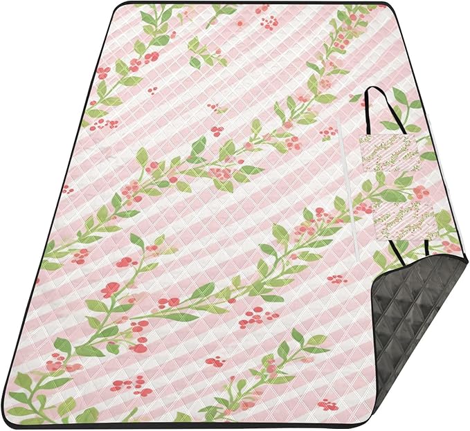 KLL Pink Green Stripe Pattern with Flowers Waterproof Beach Mat Cute Picnic Picnic Accessories Outdoor for 8 To 10 Adults Summer Gift cojines para picnic