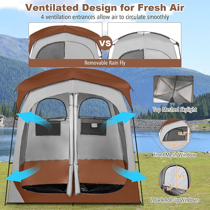 Tangkula Double Room Shower Tent Oversize Space Privacy Tent with Floor Removable Rain Fly Inside Pocket Clothesline Top Hook Portable Outdoor Changing Tent for Dressing Camping Toilet