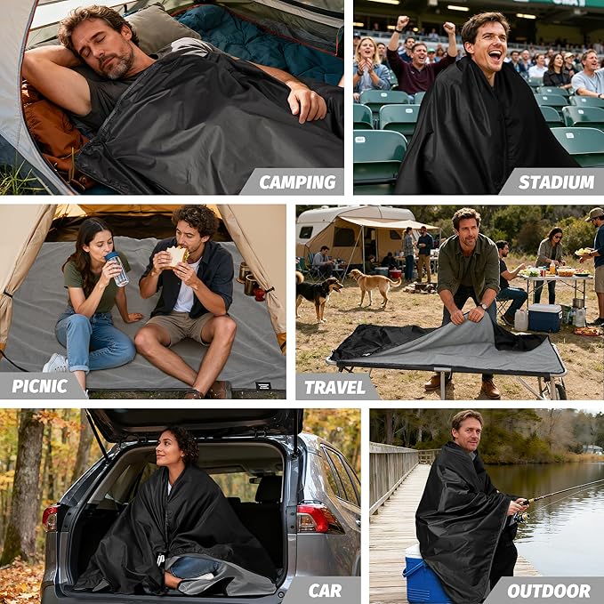 Fleece Waterproof Outdoor Blanket - Windproof Stadium Blanket for Camping Picnics and Sports Stay Dry and Comfortable 80x 58(Black)