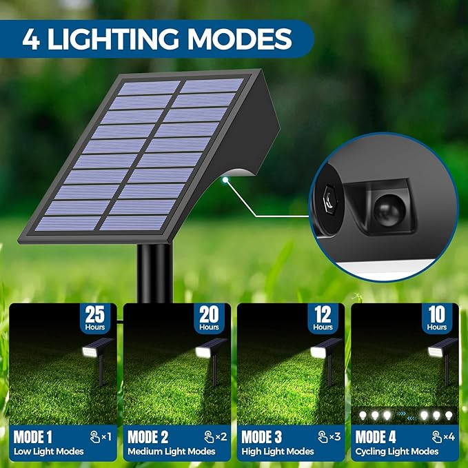 Solar Lights Outdoor Waterproof Solar Spot Lights- 2 Pack/4 Mode LED Spotlights 2-in-1 Auto On/Off Powered Landscape Lighting for Outside Yard Wall Garden Path Driveway Cool White