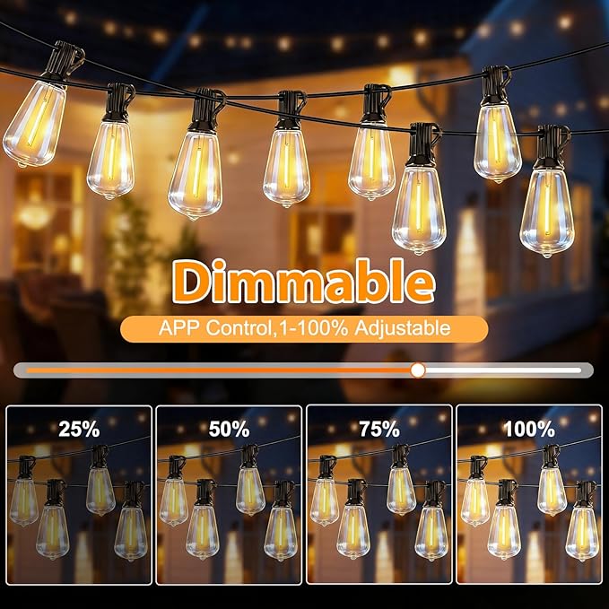 Smart Outdoor String Lights 200FT ST38 LED Patio Lights with Timer Remote APP Control 84 Shatterproof LED Bulbs (4 Spare) Dimmable Waterproof Hanging Light for Backyard Porch Party Decor