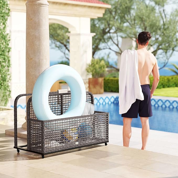 43.25x22.5x28in Outdoor Pool Storage Caddy: PE Rattan Basket Reinforced Steel Dual-Section Locking Casters Light Gray