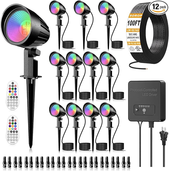 15W Low Voltage Landscape Lights Kit RGBW Color Changing Spot Lights Outdoor with Transformer 100FT UL-Listed Wire Low Voltage Lights IP66 Waterproof Remote Control for Garden House 12Pack