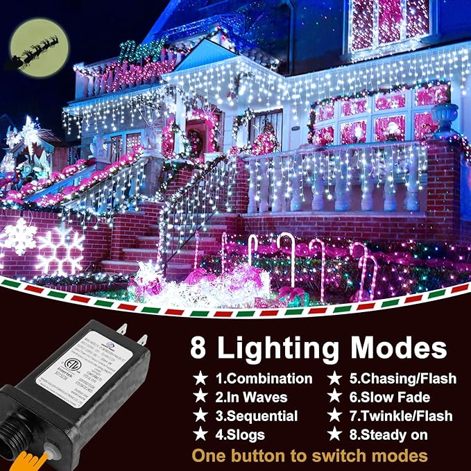 KNONEW 99FT 1216 LED Christmas Lights Outdoor Decorations 8 Modes White Curtain String Light with 228 Drops Clear Wire LED String Light Indoor Decor for Wedding Party Holiday Christmas