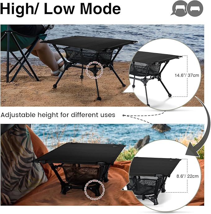 ONETIGRIS Dipper Camping Table Lightweight Portable Folding Table with Mesh Storage Net High/Low Options Ideal for Camping Hiking Tailgating Beach Picnic Travel Backyard