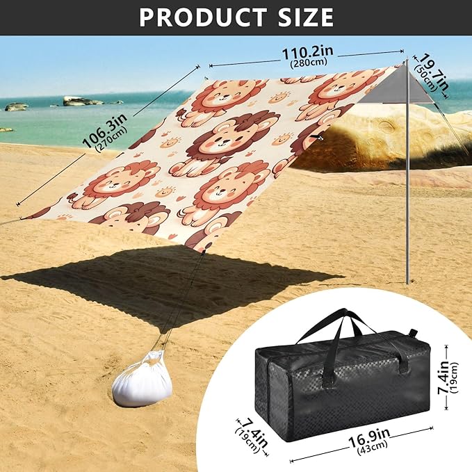 Cute Lion Character Camping Sun Shelter Beach Tent Portable Beach Sun Shade Outdoor Canopy for Camping Trips Fishing Picnic