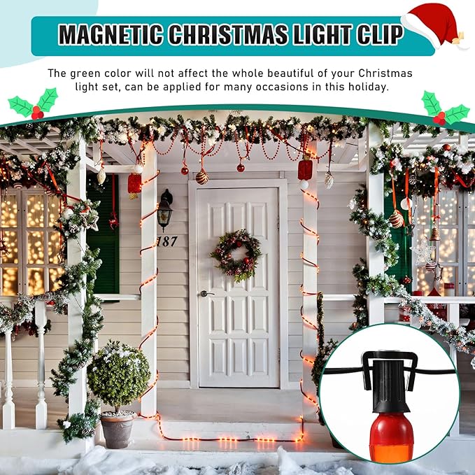 Frienda 200 Pieces C9 Magnetic Christmas Light Clips Magnet Christmas Socket Clips Hooks for Sockets Roof Gutters Outside Patio Holiday Lighting (Black Round)