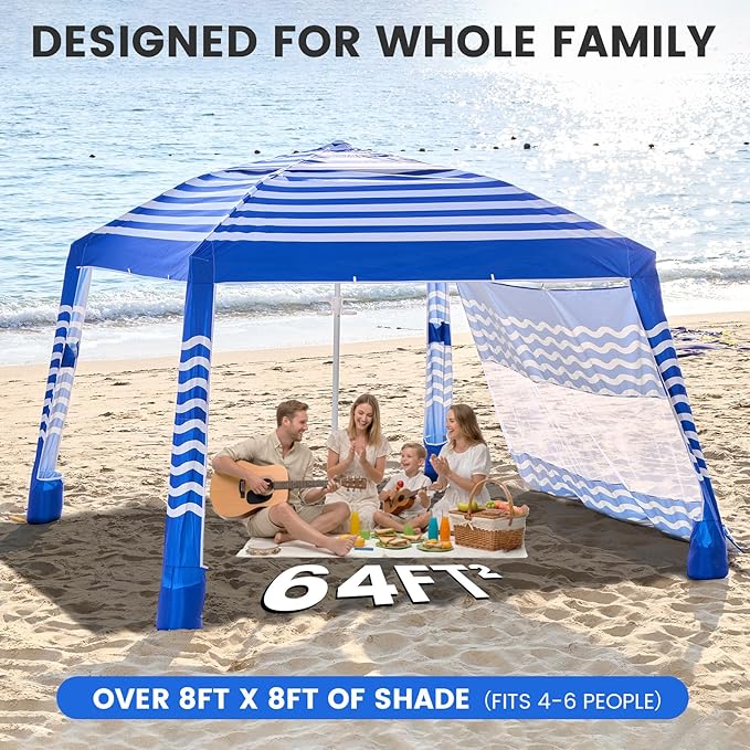 Zeraty Beach Cabana 8'×8' Portable Beach Canopy with Side Wall Easy Pop Up UPF 50+ Silver-Coated Beach Tent Sun Shelter Wind Resistant Adjustable Height Beach Umbrella Tent for Family Navy Blue