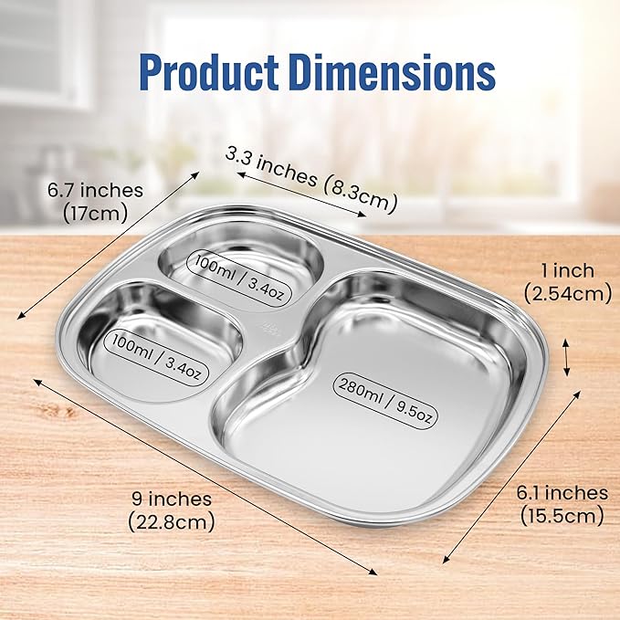 Korean Stainless Steel Divided Plates for Toddlers Kids Babies Premium 304 Electro-Polished No Black Residue BPA-Free 3-Compartment Plate Food Tray for Camping Balanced Meals Set of 2