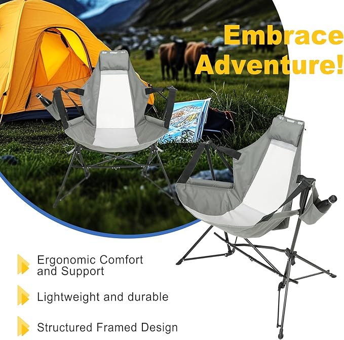 Hammock Camping Chair Portable Chairs with Pillow Cup Holder and Carry Bag Lightweight Foldable Chair for Outside Camping Hiking Travel Beach and Sports (Grey)