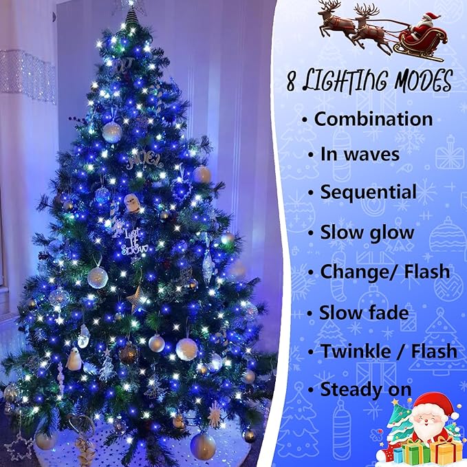 YEGUO 165ft 500 LED Blue and White Christmas Lights Outdoor Waterproof Clear Wire String Lights Indoor Plug in 8 Modes Clear Wire Twinkle Tree Light for Xmas Party Garden