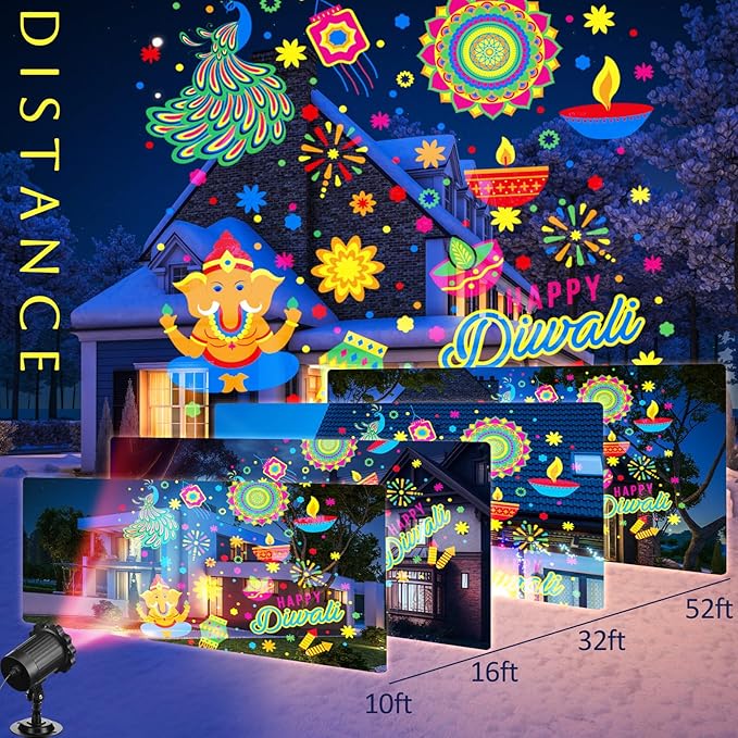Happy Diwali Projector Lights Outdoor Festival LED Projector Decorations Elephant Sun on Dynamic Waterproof Outdoor Indoor Diwali Festival Projection for Landscape Garden Yard Patio Party
