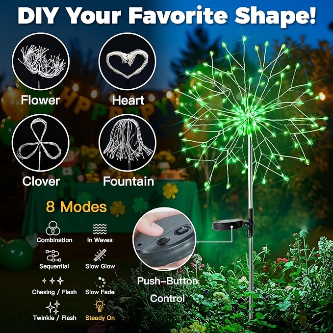 suddus St. Patrick's Day Decorations Solar Firework Lights - 150 LED Green Outdoor Garden Lights 8 Modes DIY Sparkler Lights Waterproof Solar Stake Lights for Yard Pathway Flowerbed Decor (2 Pack)
