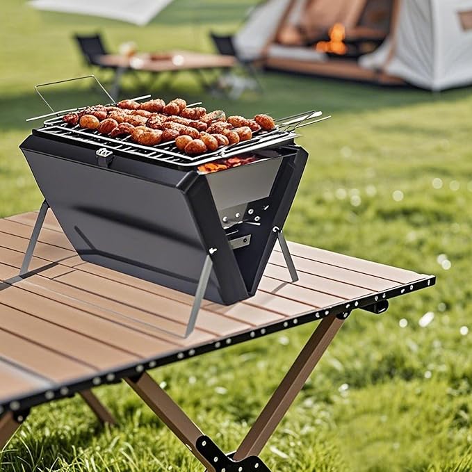 PMS Portable Camping Charcoal Grill Folding Stainless Steel Stove for Outdoor Cooking BBQ Camping Hiking Picnic Backpacking