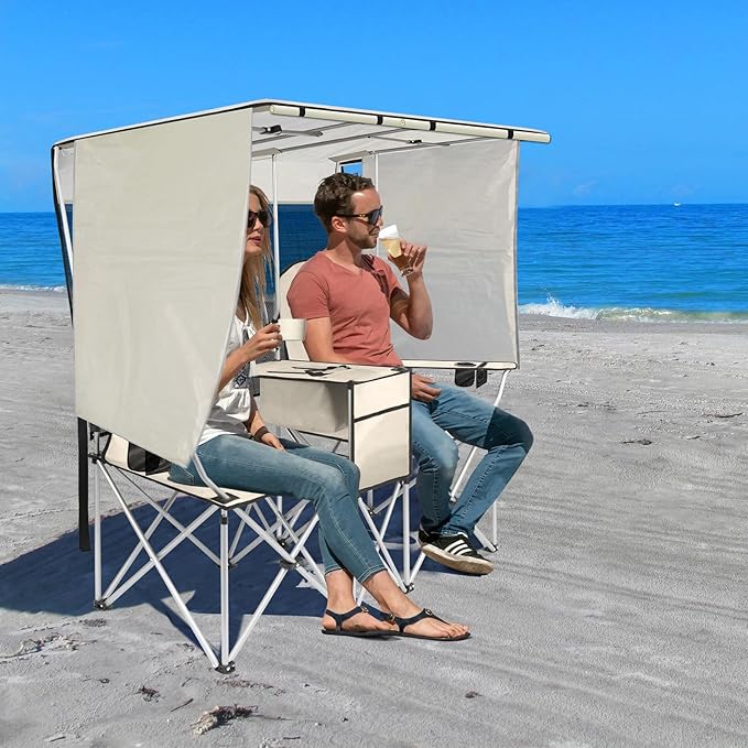 BDL Double Camping Chair with Canopy Two Person Folding Loveseat with Shade Heavy Duty Beach Chair with Cooler Bag Cup Holder for Outside Fishing Sports Beach-White
