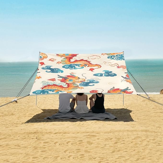 Chinese Dragon Camping Sun Shelter Beach Tent Portable Beach Sun Shade Outdoor Canopy for Camping Trips Fishing Picnic
