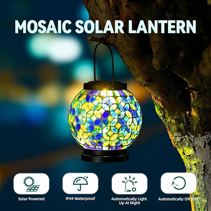 VOREEN Mosaic Solar Lanterns Handmade Outdoor Glass Hanging Light Waterproof Solar Table Lamp Gift for Mom Wife Friend Decor for Garden Patio Yard Balcony Green &amp Yellow Leaves Pattern