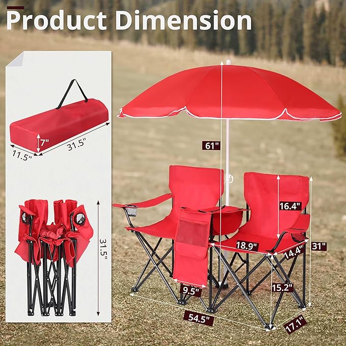 Loveseat Folding Camping Chair with Removable Umbrella &amp Cup Holder &amp Pocket &amp Carrying Bag Heavy-Duty Steel Frame Portable Beach Chair for Fishing Beach and Camping Load 180 LBS Per Se