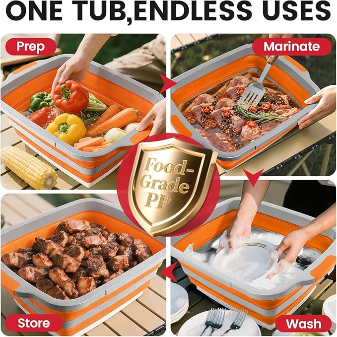 BBQ Prep Tub 3-IN-1 Large 30L Collapsible Cutting Board with Locking Lid for Meal Prep Marinating Food Camping Sink with Colander Dish Basin Storage Blanket for Camping Picnic BBQ Orange