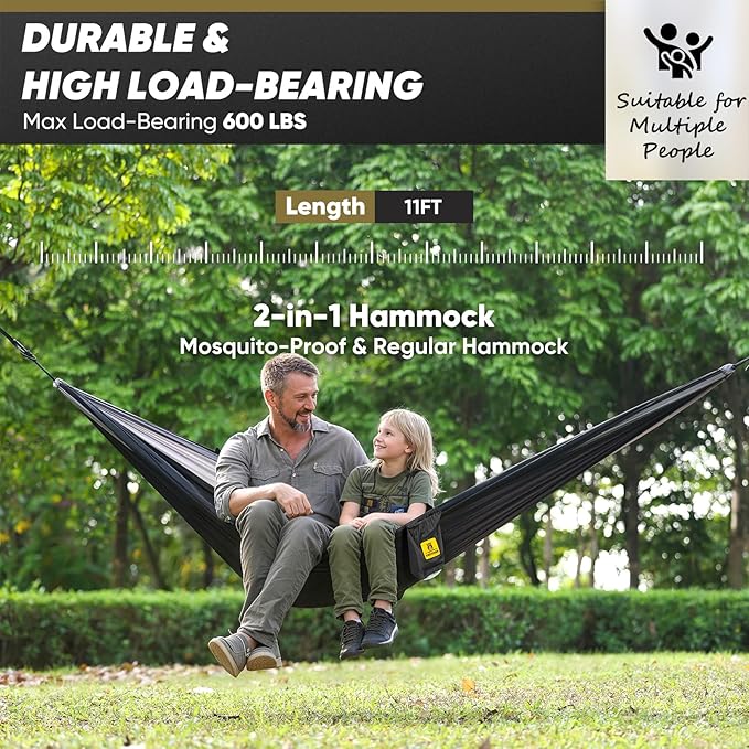 Camping Hammock with Mosquito Net 600 lbs Portable Hammock with Tree Straps2-in-1 Double/Single Travel hammocks Tent for Outside/Indoor/Backpacking/Beach-Black&ampGrey