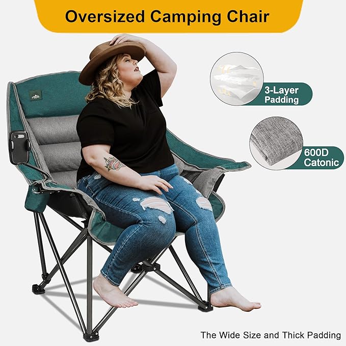 Northroad Oversized XL Padded Camping Chair w/Cell Phone Holder Large Camp Lounge Chair Foldable Lawn Chair w/Cup HolderCarry Bag for Outdoor Hiking Beach Picnics Heavy-Duty 400-lbs Capacity