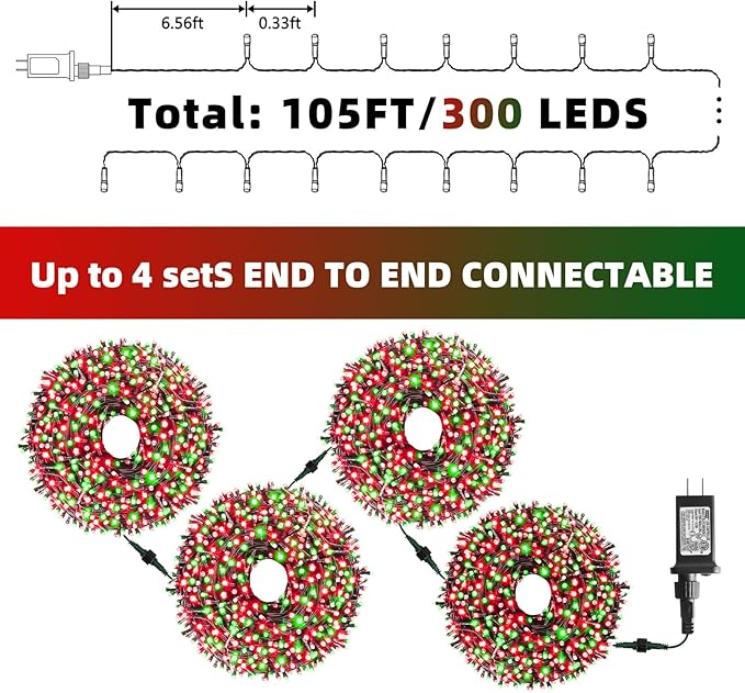 XTF2015 Christmas String Lights 105ft 300 LED Christmas Lights 8 Modes Memory Function &amp Timer- UL Certified - Outdoor Indoor Christma s Fairy Lights for Tree Garden Party Wedding(Red + Green)