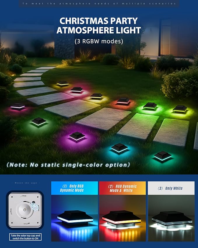 Color Changing Post Lights for Fence and Deck RGB &amp Warm White Solar Post Lights Waterproof Outdoor Posts Cap for 4x4 Wooden/PVC Posts (12 Pack)