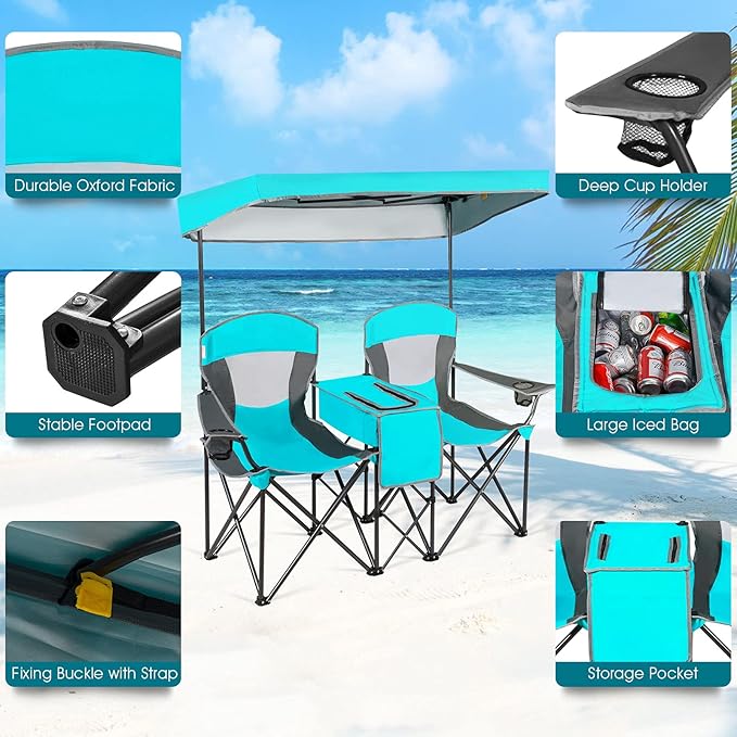 GYMAX Double Camping Chair Beach Chair with Canopy Shade Adjustable UV Protection Cooler Cup Holder &amp Carry Bag Folding Portable Lawn Soccer Camp Chair with Umbrella for Adults (Navy 2 Perso