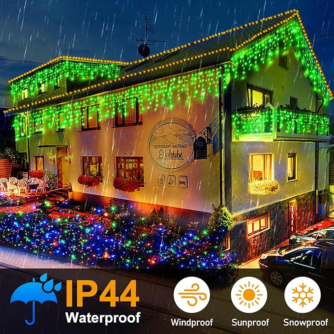 KNONEW Christmas Lights Outdoor Decorations 400 LED 33ft 8 Modes Curtain Fairy String Light with 75 Drops Clear Wire LED String Light Indoor Decor for Wedding