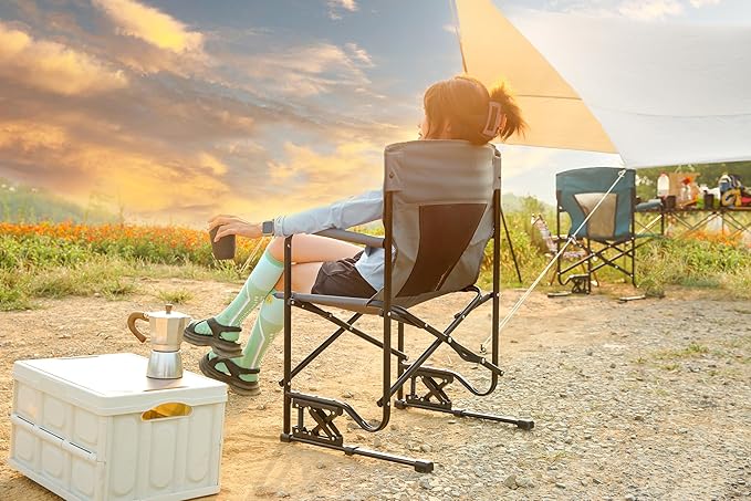Outdoor Freestyle Rocker Camping Chair Portable Folding Rocking Chair with Solid Armrests Drink Holder Comfortable Backrest Grey