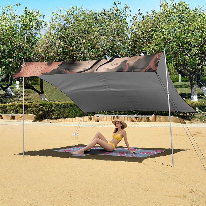 Vintage Fantasy Dragon Beach Tent Sun Shelter 9.2' x 10.5' Beach Canopy with 4 Sandbags 4 Stability Poles Sand Shovels - Tent Canopy for Beach Camping Fishing Picnics