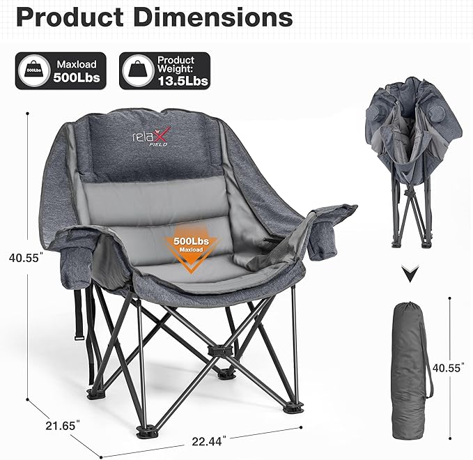 2 Pack Oversized Camping Chair Portable Folding Padded Camp Chairs with Side Pocket Cup Holder Heavy Duty Support 500LBS Outdoor Lounge Chair for Adults Fishing Sports Trip Grey