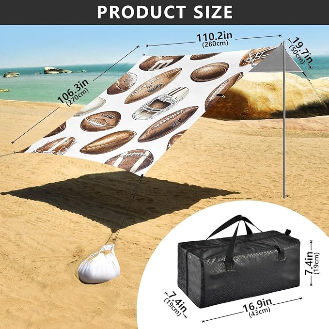 Football Brown Helmet Tile Pattern Camping Sun Shelter Beach Tent Portable Beach Sun Shade Outdoor Canopy for Camping Trips Fishing Picnic