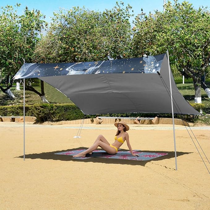Starry Sky Horse Beach Tent Sun Shelter 9.2' x 10.5' Beach Canopy with 4 Sandbags 4 Stability Poles Sand Shovels - Tent Canopy for Beach Camping Fishing Picnics