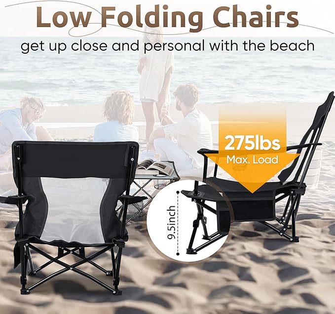 HaSteeL Folding Beach Chair Set of 3 Foldable Black Camping Chairs &amp Grey Table for Outside Low Beach Chair Portable for Adults Fishing Picnic Outdoor BBQ Cup Holder &amp Storage Bag
