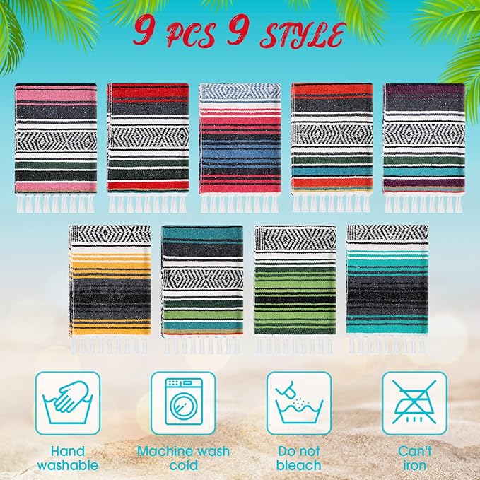 Peryiter 9 Pcs Mexican Blanket Bulk Large Yoga Blanket Striped Falsa with Fringed for Outdoor Beach Picnic Couch 45 x 70 inch (Retro Colors)