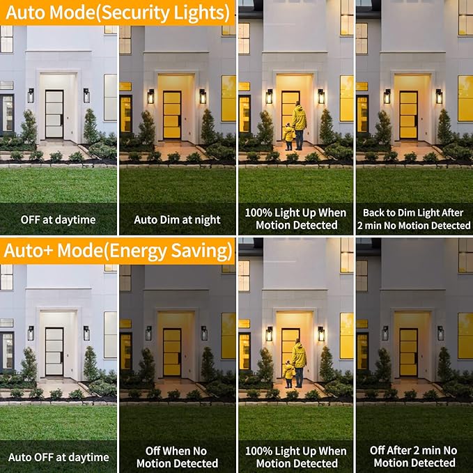 2-Pack Motion Sensor Outdoor Lights Upgrade Dusk to Dawn Wall Mount Light Fixtures Motion Sensor Wall Lights for Outside House Porch Garage Exterior Black Wall Lanterns Sconce with Clear Glass