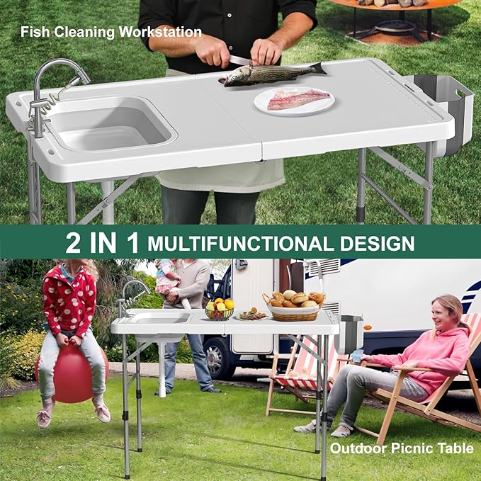 Folding Fish Cleaning Table with Sink 50x27 Bi-Folding Portable Camping Sink Station with Drain Hose Trash Can Gloves and Cleaning Kits Foldable Outdoor Sink for Camping Fishing BBQ