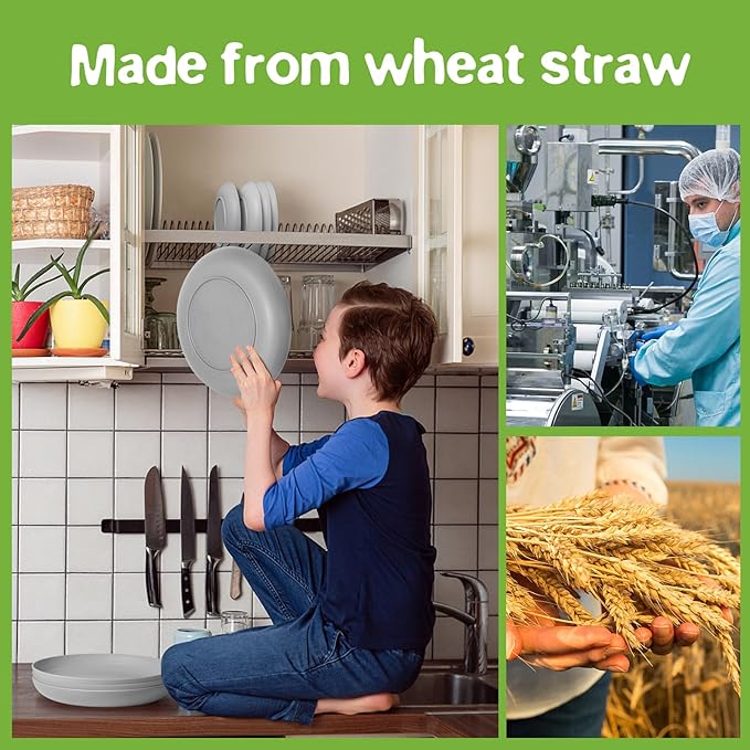 Teivio 32-Piece Kitchen Plastic Wheat Straw Dinnerware Set Service for 8 Dinner Plates Dessert Plate Cereal Bowls Cups Unbreakable Colorful Plastic Outdoor Camping Dishes Light Gray