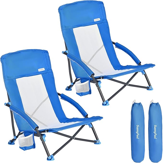 SUNNYFEEL Folding Low Camping Beach Chair 2 Pack Lightweight Portable Lawn Chair with Mesh Back Cup Holder for Outdoor/Travel/Picnic/Concert Foldable Camp Backpack Chairs with Carry Bag
