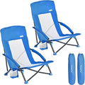 SUNNYFEEL Folding Low Camping Beach Chair 2 Pack Lightweight Portable Lawn Chair with Mesh Back Cup Holder for Outdoor/Travel/Picnic/Concert Foldable Camp Backpack Chairs with Carry Bag