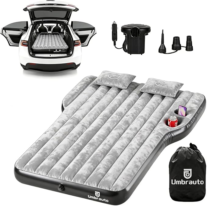 Umbrauto Custom Fit Air Mattress for Tesla Model Y/Juniper 2026 Upgraded Inflatable Camping Bed for Back Trunk Soft Flocking Surface+Reinforced Bottom Sleeping Pad w/Pump for Outdoor Travel
